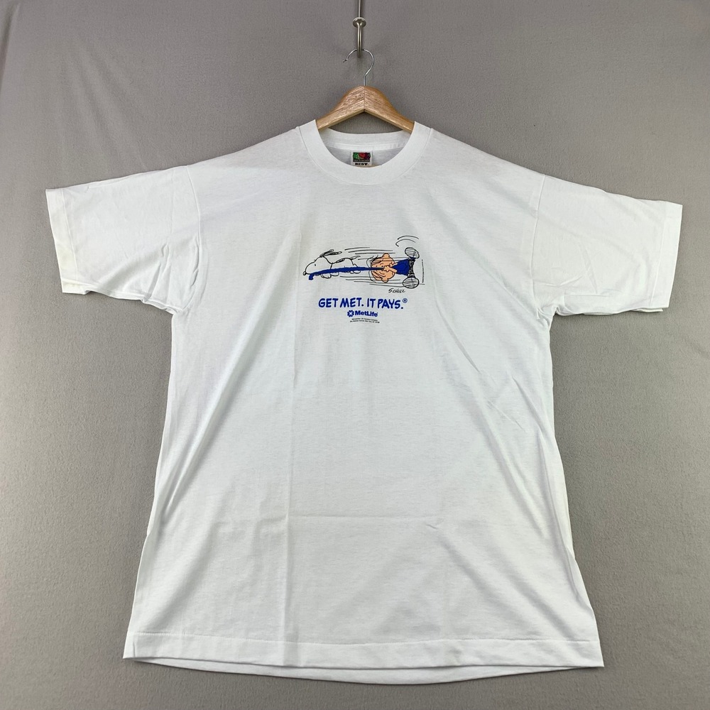 Vintage 90s Snoopy Charlie Brown MetLife T-Shirt Men XL White Single Stitch Tee
